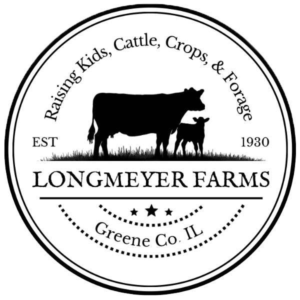 Logo of Longmeyer Farms featuring a silhouette of a cow and calf, emphasizing their commitment to raising kids, cattle, crops, and forage since 1930 in Greene County, Illinois.