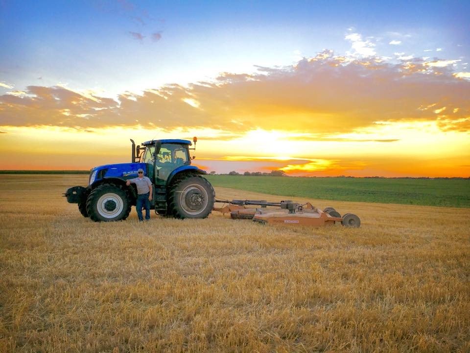 A farmer stands beside a blue tractor and agricultural equipment in a golden wheat field at sunset, showcasing modern farming practices and the beauty of rural landscapes.